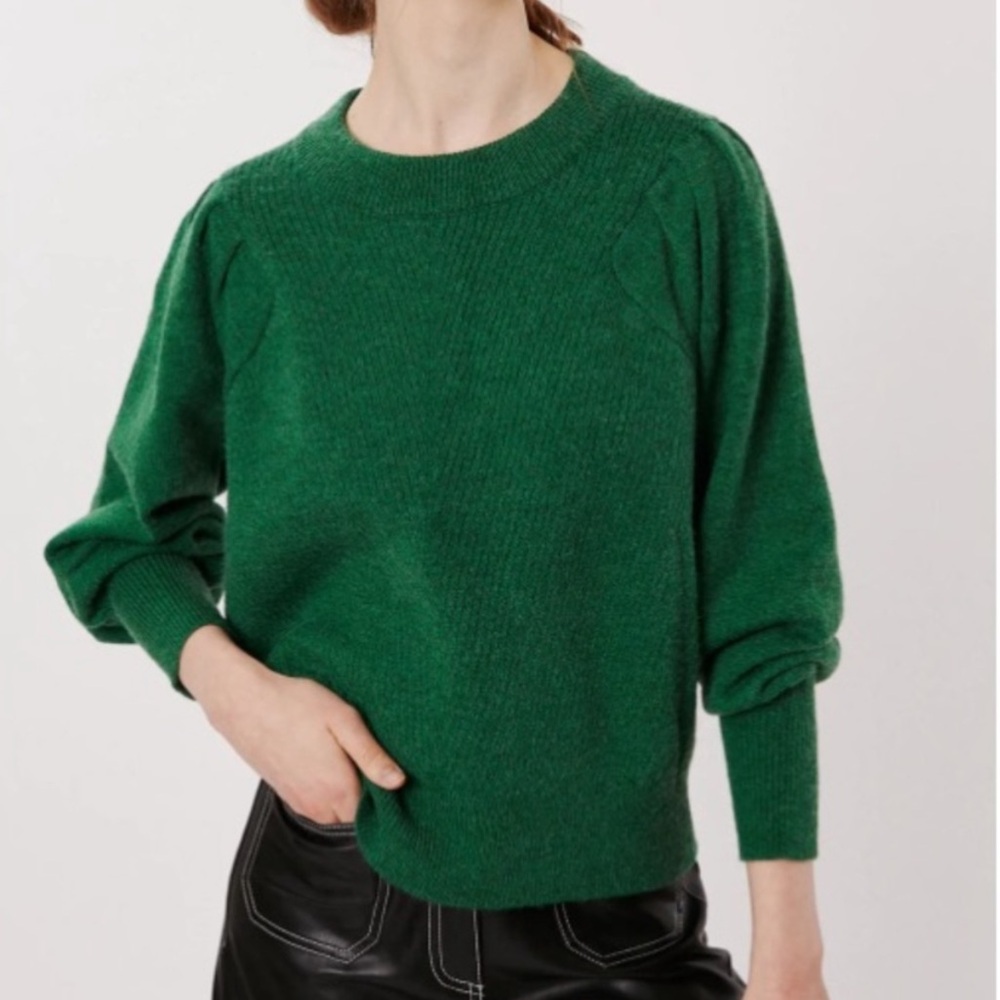 Deluc Emerald Green Crew Neck Sweater. Womens Size M. Pleats. Puff sleeves